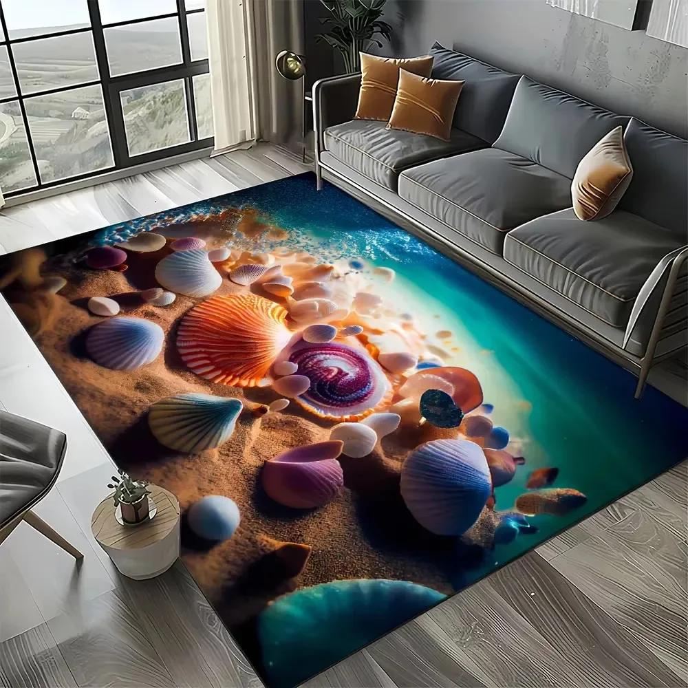 Starfish Beach Shell Sand Pattern Area Rug Coastal Ocean Carpet for Living Room Bedroom Kids Play Room Non-Slip Floor Mat