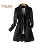 Fall Spring Women Jacket Turn-down Collar Single-breasted Loose Overcoat Mid Length Solid Color OL Commuting Coat Hiking Windbreaker
