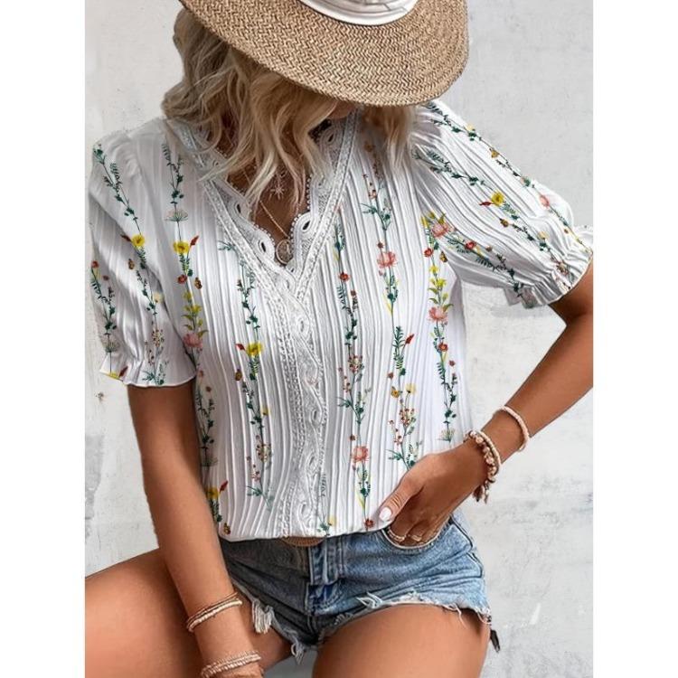 Elegant Plus Size Womens Floral Print Blouse V Neck Lace Detail Short Sleeve Spring Summer Textured Clothing
