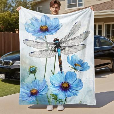 1 Pièce Couverture en Flanelle Libellules Fleurs Extérieur - Décor Peluche Douce pour Pique-niques, Camping, Chambre à Coucher, Salle de Jeux, Bureau, ou Pause Déjeuner 1224A