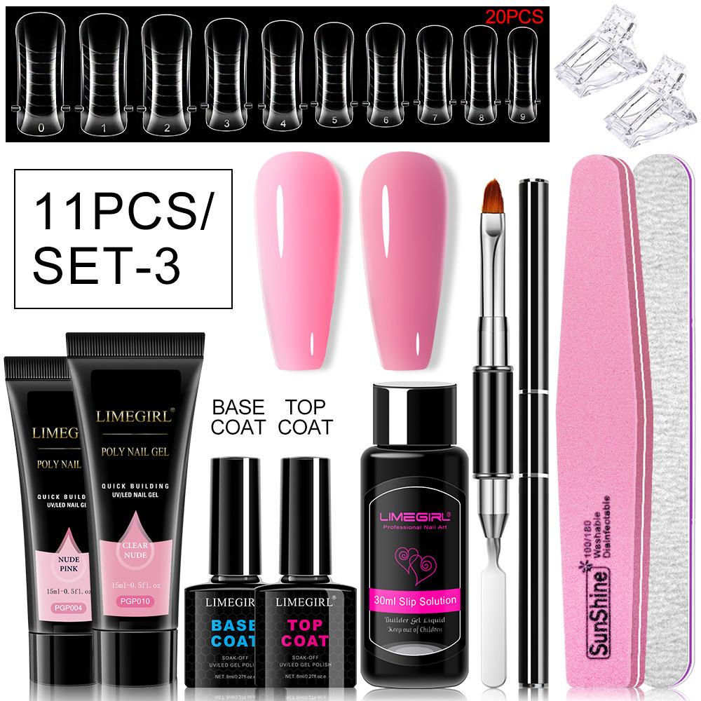 11Pcs Nail Extension Gel Kit - Clear/Nude Polygel Resin for Nail Extension, Acrylic Liquid, U-Shape Nail Forms, Brush, Nail Art Tool Set