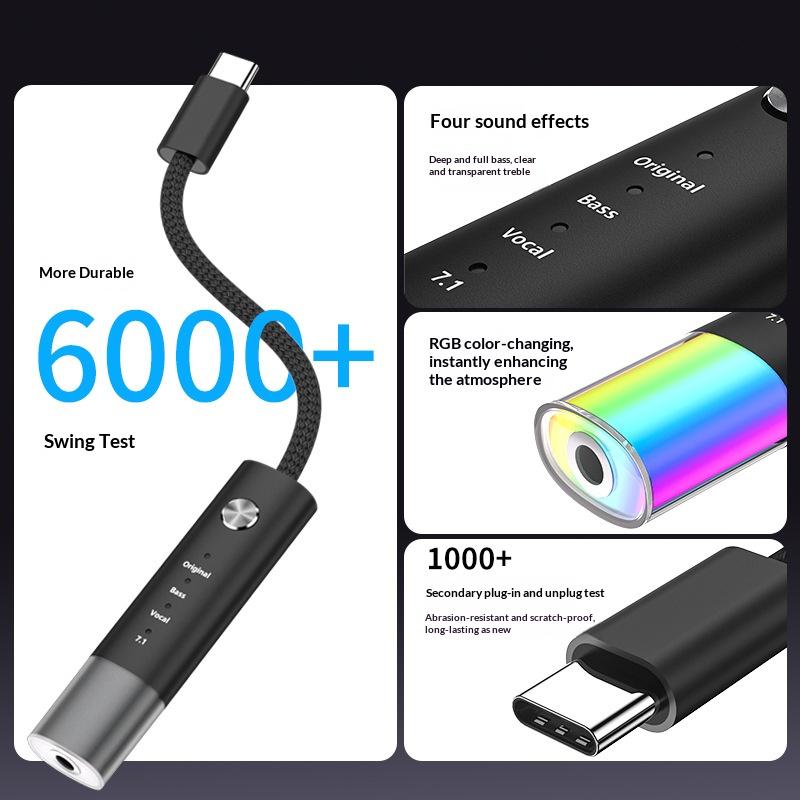 MH657B Type-C to 3.5mm Audio Adapter 4 Sound Modes In-line Control HiFi Sound Converter with RGB Light