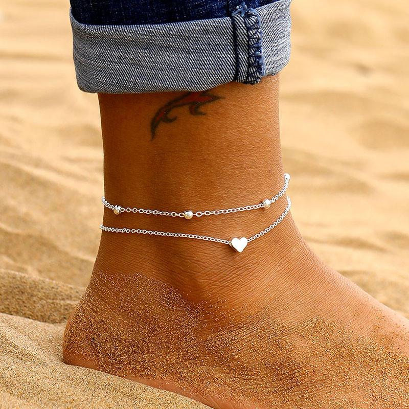 Two Layers Chain Heart Style Gold/Silver Color Anklets For Women Bracelets Summer Barefoot Sandals Jewelry On Foot Leg