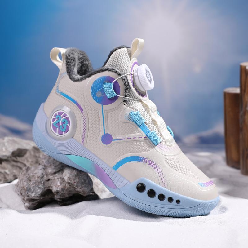 Children's Basketball Shoes Velvet Cotton Shoes Boys Actual Combat Middle and Older Children Non-slip Rotating Button Running Shoes Men