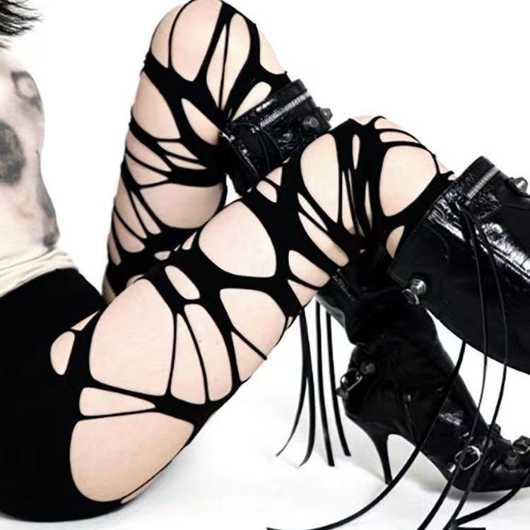 Black Gothic Ripped Fishnet Stockings - Y2K Millennium Style Women's Pantyhose