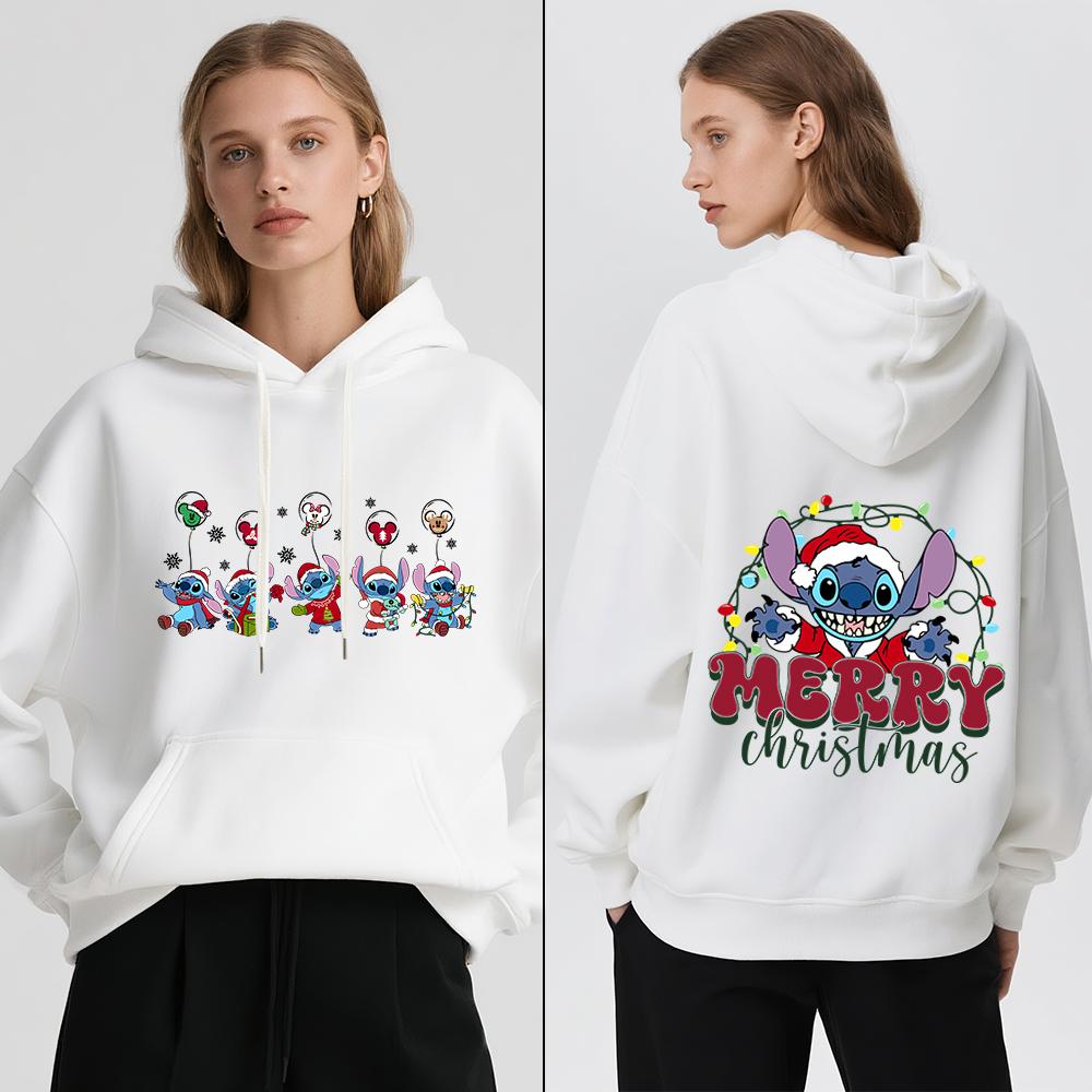 Disney Stitch Christmas Print Women Fleece Hoodie Winter Warm Pullover Casual Holiday Travel Party Outfit Soft Cozy Sweatshirt