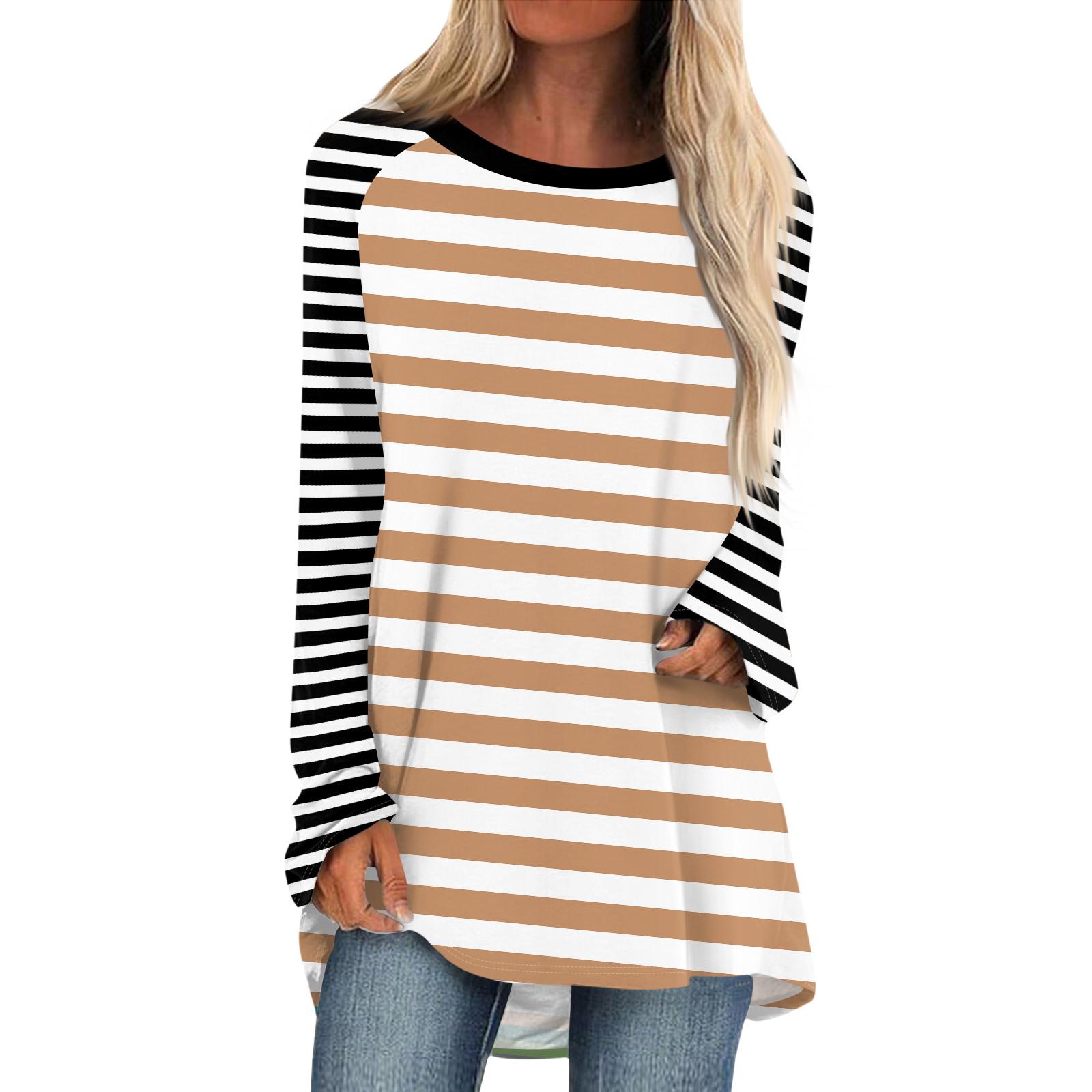 

Женская мода повседневная спущенная линия плеча с длинным рукавом миди полосатый принт топ L бежевый