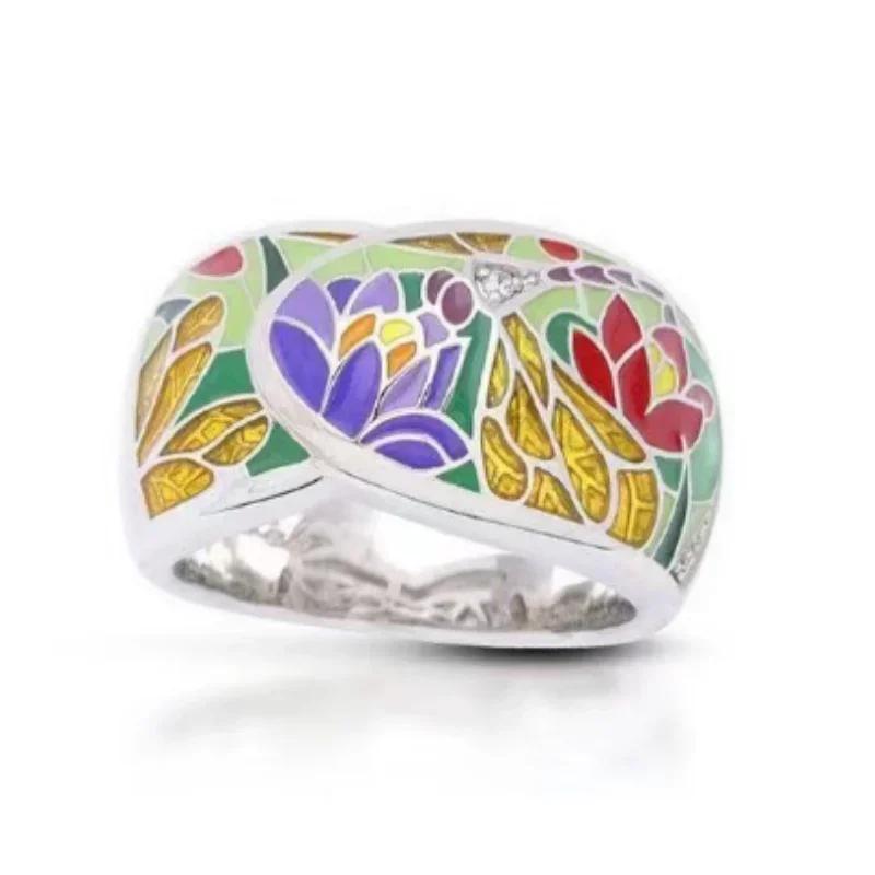 National Style Colored Enamel Retro Inlaid Diamond Universal Ring For Men and Women, Personalized Contrasting Color