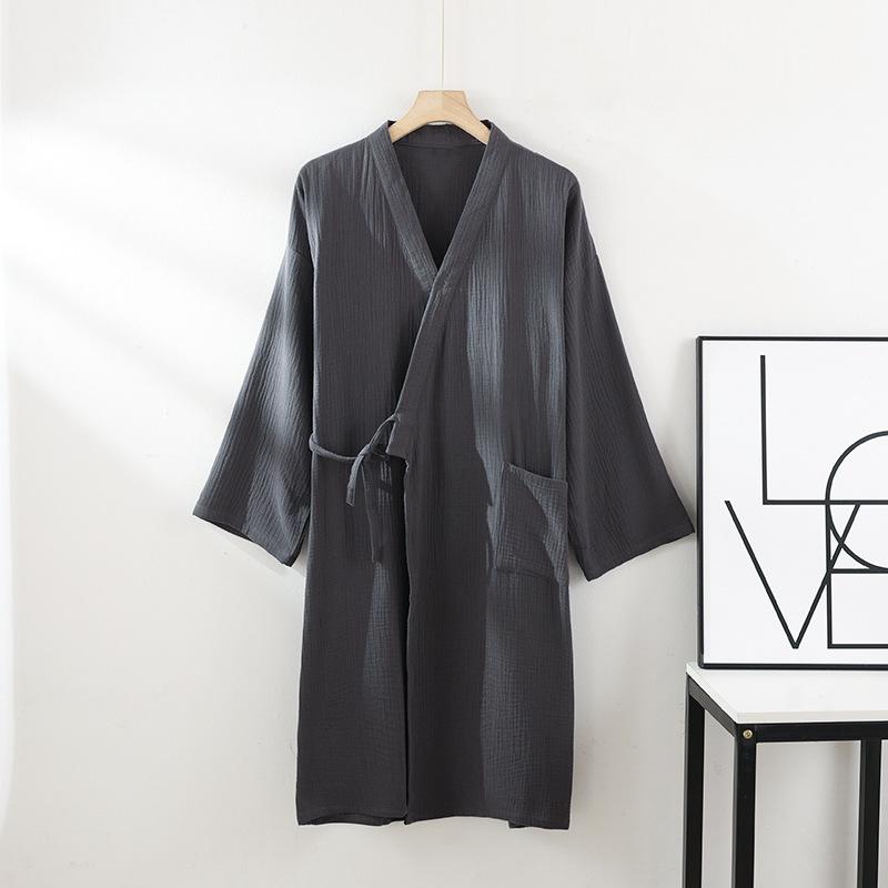 Unisex Pure Cotton Japanese Tie-Up Kimono Pajamas and Gauze Bathrobe for Homewear and Sauna
