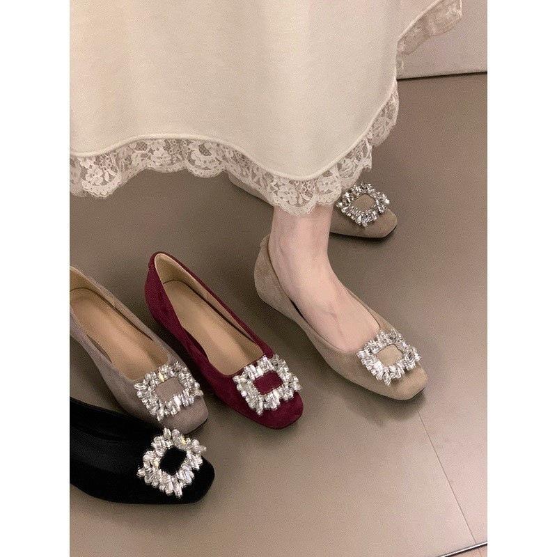 Rhinestone temperament inner height increase single shoes women's season square head high-end commuting shoes versatile
