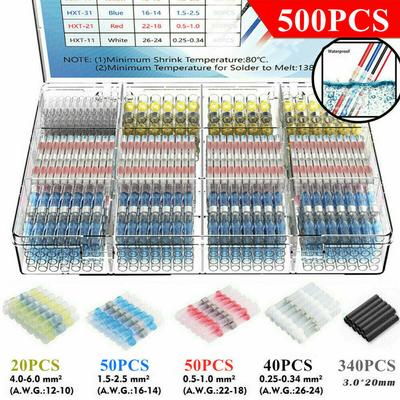 500PCS Solder Seal Sleeve Heat Shrink Electric Butt Wire Connectors Terminal Kit