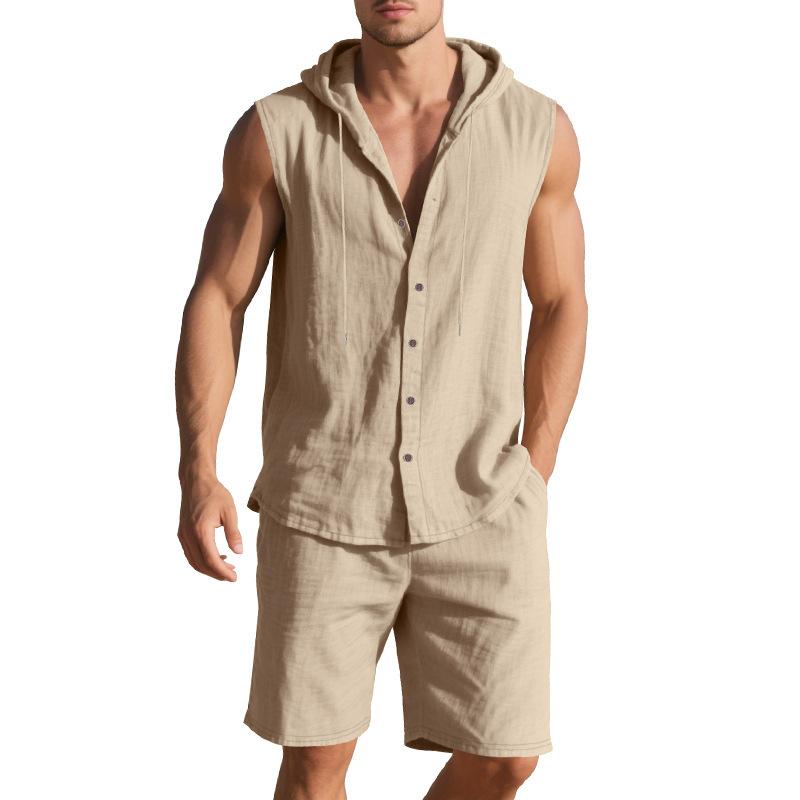 Mens Sleeveless Hooded Shirt And Shorts Casual Set