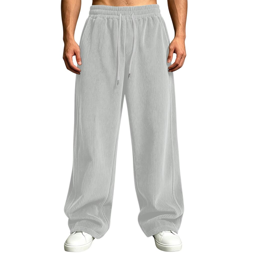 Pantalones de pana para hombre de cintura alta con bolsillos de corte holgado pierna recta ancha color casual