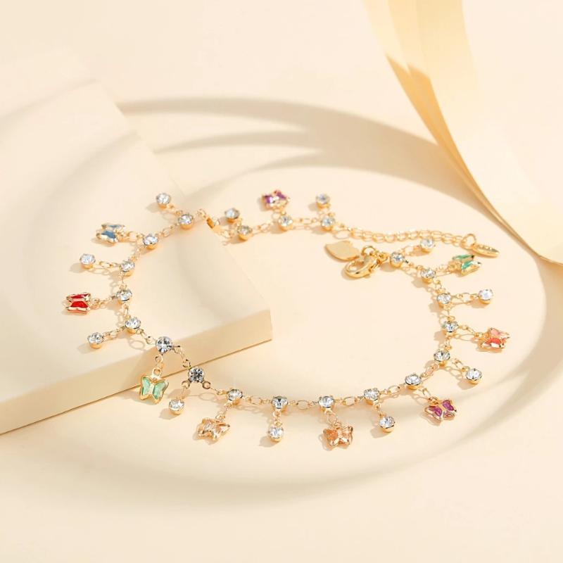 Fashion Colored Butterfly Hanging Diamond Ankle Chain For Women Girls Sparkly Rhinestones Anklet Perfect For Summer Beach Gifts