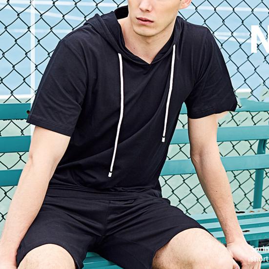 Men Short Sleeve Solid Color Hooded Drawstring T-shirt Pullover Tee Shirt for Daily Wear