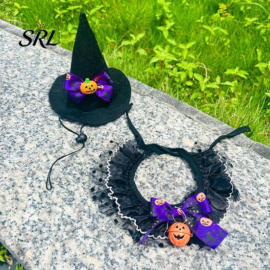 Pet Witch Hat And Scarf 1 Set Halloween Cat Costume, Wizard Lace Bandana, Ruffled Bib Pumpkin Outfit with Bow Bell, Holiday Party for Small Dogs, Cats