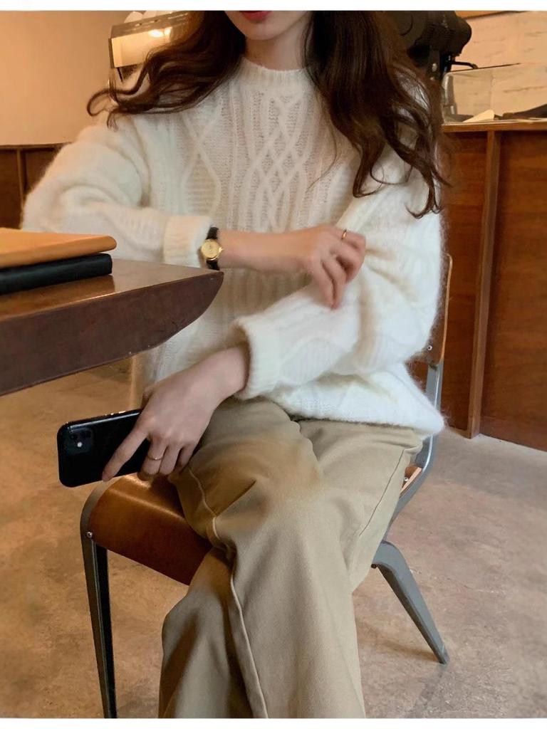 Women's Gentle Style Cashmere Round Neck Cardigan - Autumn Winter Twist Flower Knit Sweater