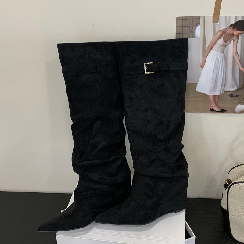 

Punk Style Pointed Toe Knee-High Boots Woman Wedges High Heels Shoes Autumn Winter Botas Largas De Mujer 35