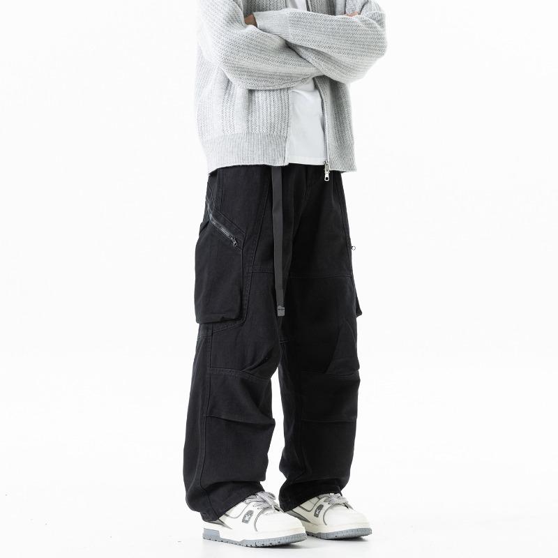 Solid Color Deconstruction Overalls Men's Ruffian Handsome Big Pocket Casual Pants Design Sense Pure Cotton Green Straight Wide-leg Pants