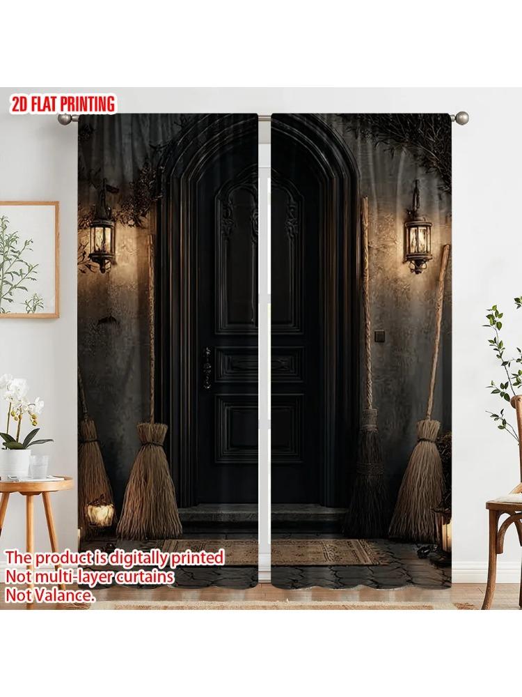 

Set Of 2 Plane Printing Curtains Window Treatment Spooky Haunted House Design Versatile Durable Polyester Without Rod Gifts Curtain W100*H70(CM)-Rod Pocket&2PCS