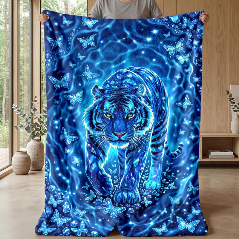Blue Tiger Fantasy Blanket Personalized Name Flannel Blanket Soft Cozy Plush Throw for Sofa Bed Lightweight Home Decor