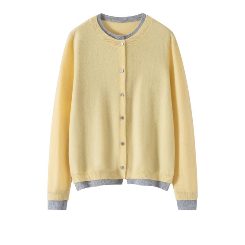 Women's Designer-Style Cashmere Cardigan: Round Neck, Color-Block, Faux Two-Piece Sweater