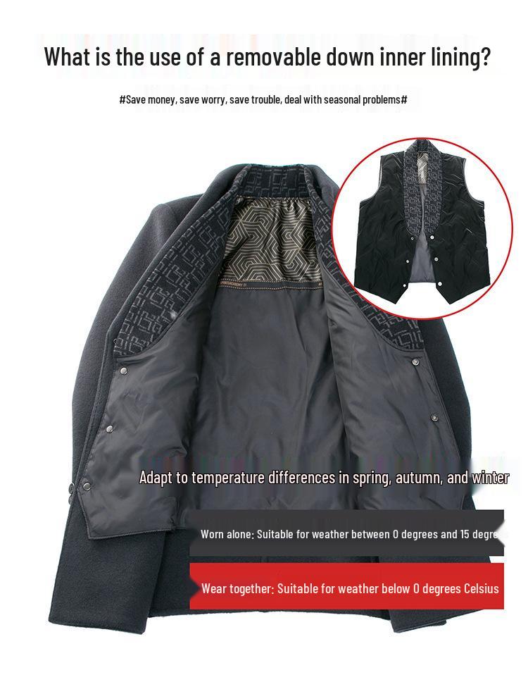 Mittellanger Wollmantel für Herren mit herausnehmbarem Daunenfutter für kaltes Wetter