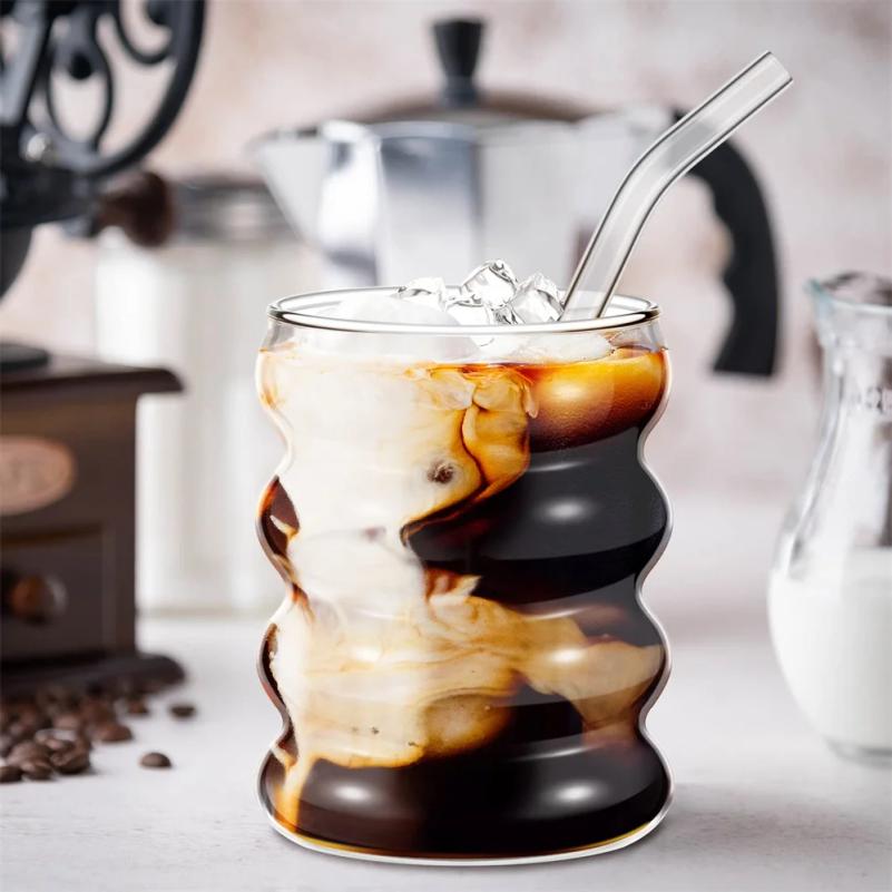 4 Stück/Set Glasbecher Kaffeetasse Kreative Klare Trinkgläser Geriffelte Glaswarenbecher Mit Strohhalmen Set Cocktail Fruchtglas