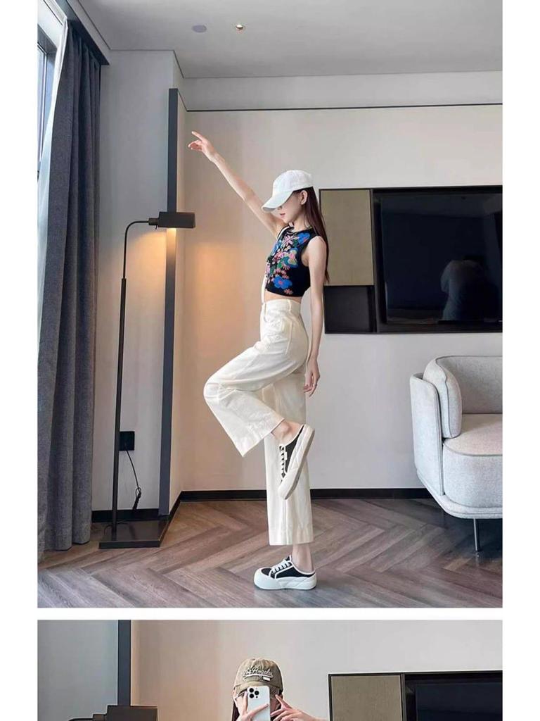 Khaki High-Waisted Cropped Wide-Leg Jeans for Women - Summer 2026 Thin Style, Petite Fit, Leg-Covering Straight Pants.
