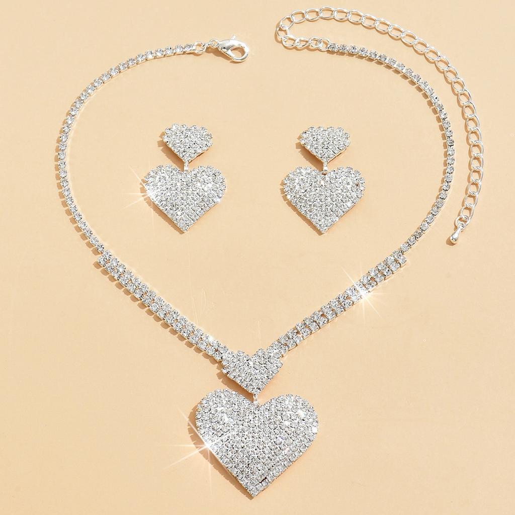 2025 New Fashion Silver Color Heart-shaped Rhinestone Necklace Earring Set Women's Wedding Valentine's Day Gift