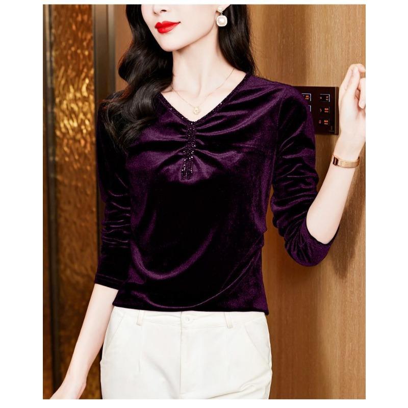 Velvet V-neck Spring and Autumn New Long-sleeved Tops Fashionable Tops for Women