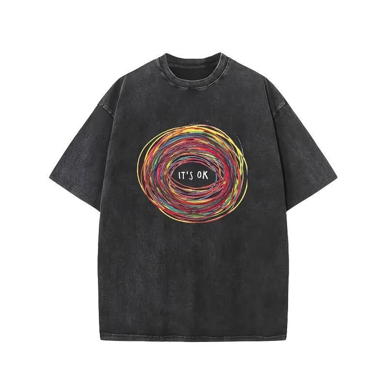 

European Size Men s Vintage Washed Cotton T-Shirt - Relaxed Fit Drooping Shoulder Sleeves, Geometric Concentric Circle Print S чёрный