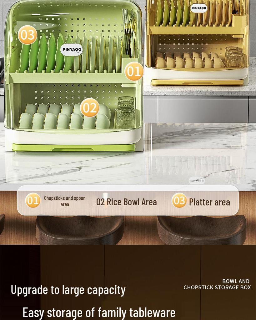 Plastic Kitchen Bowl and Chopstick Storage Rack with Lid for Tableware Draining