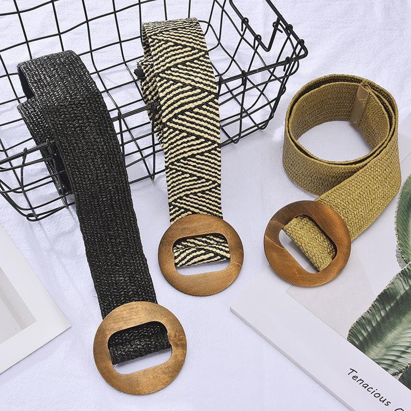 Elastic Pp Grass Belt Wood Round Buckle Belt Wide Woven Literature And Art Student With Skirt Waist Seal
