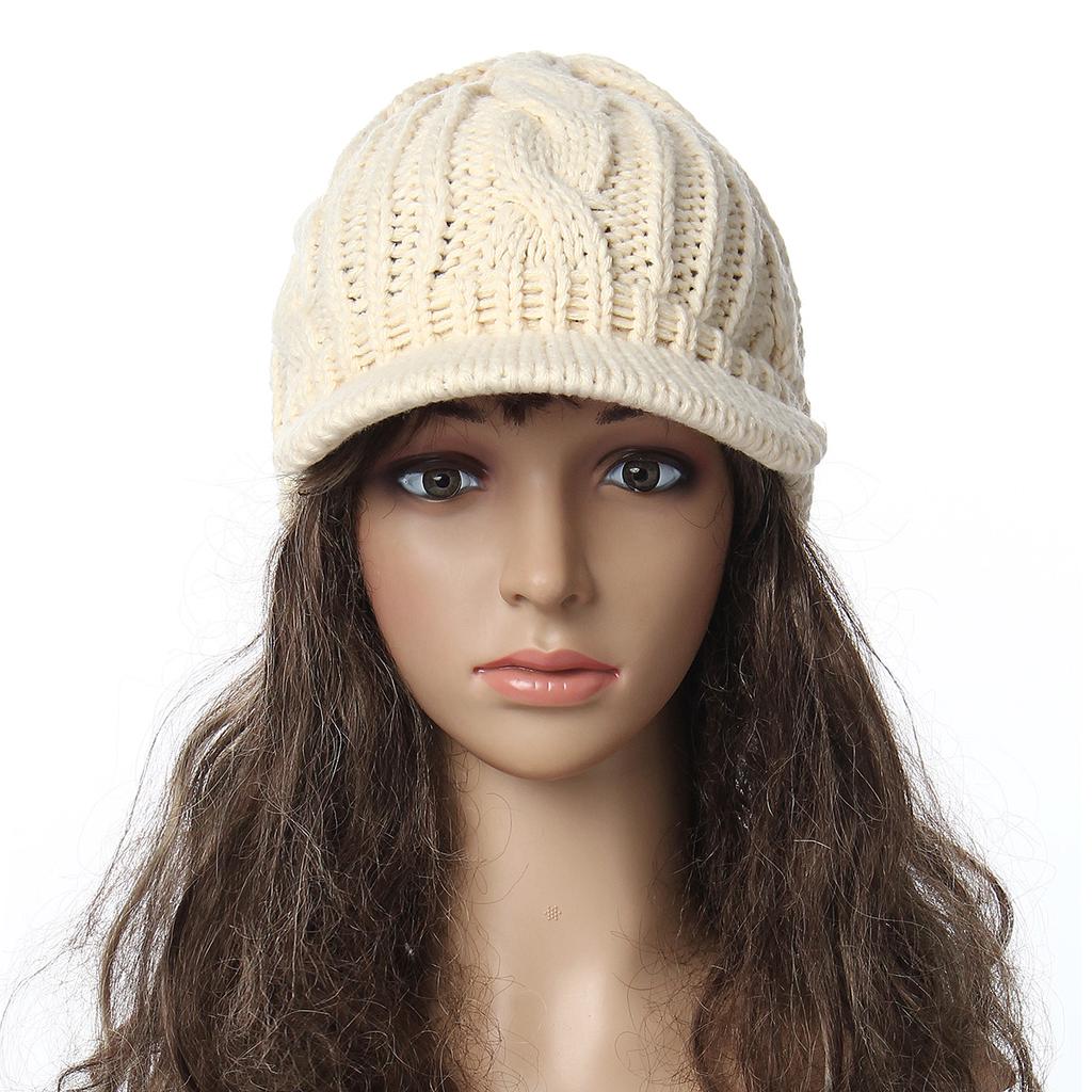 Voberry Winter Hats for Women Girls Warm Wool Knit Snow Ski Skull Cap with Visor Berets Turban Brim Hat Cap Pile Cap