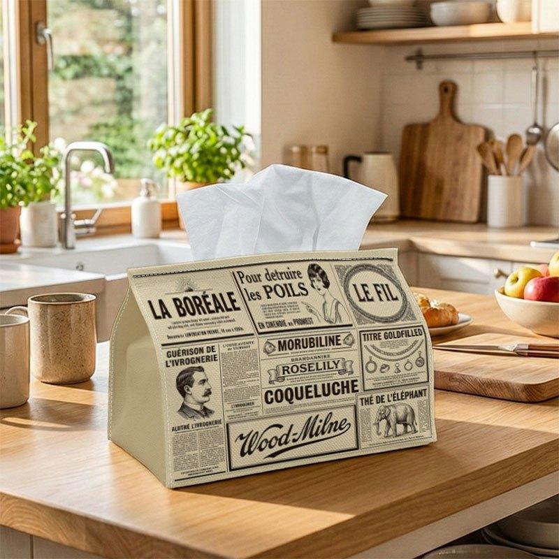 1pc Vintage Newspaper Print Tissue Box Holder - Retro Newspaper Roll Suitable for Living Room, Office Decor, Durable Tissue Dispenser for, Desk, Gifts