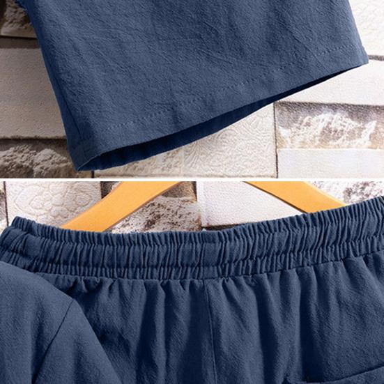 2 Pcs/Set Men T-shirt Shorts Set Solid Color Elastic Waist Loose V Neck Drawstring Homewear Deep Crotch Plus Size Casual Summer