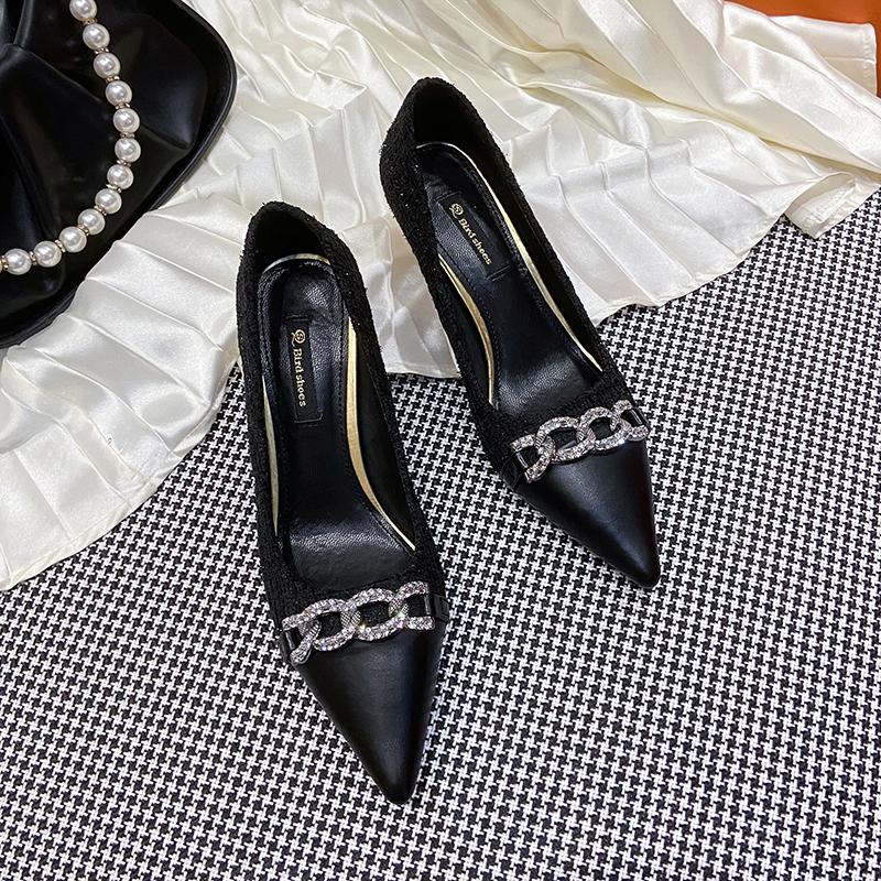 Women Pumps Mid Heels Chains Ladies Shoes Shallow Solid Woman Shoe Concise Slip On Pointed Toe Female Footwear Fashion 2024