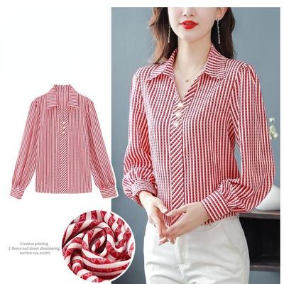 Camisa a rayas Blusa de mujer Manga larga Casual Moda Verano Gasa Botón Tops