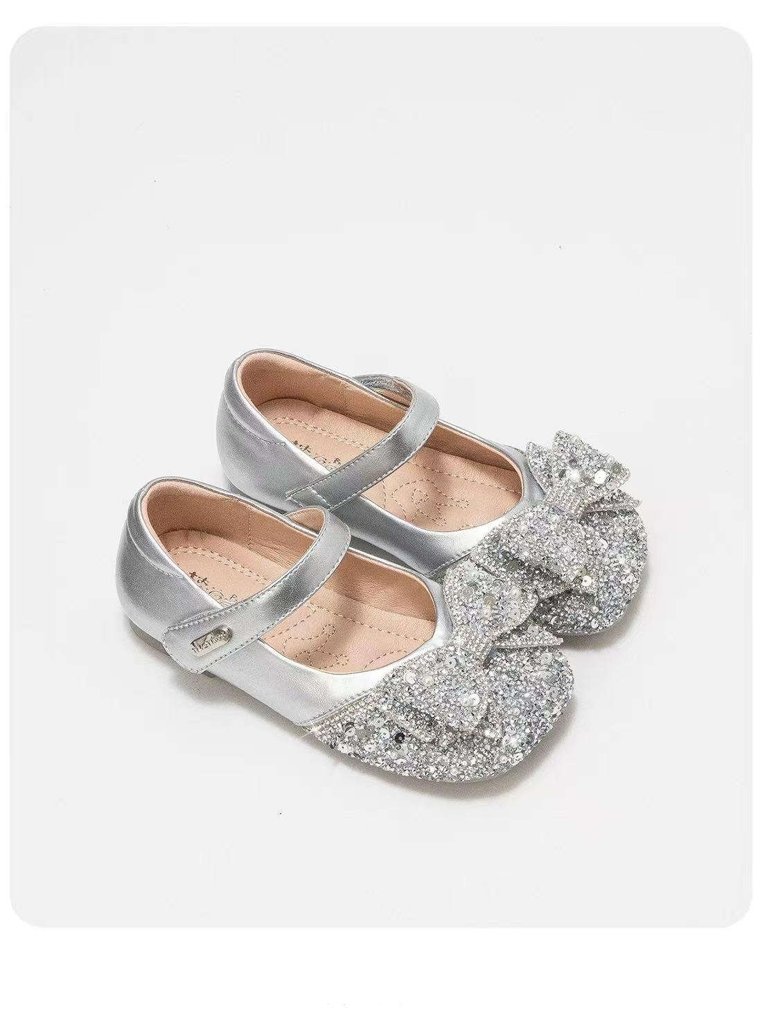 Girls Spring Autumn Fashion Casual Rhinestone Bow Ballet Shoes size 23 серебряный