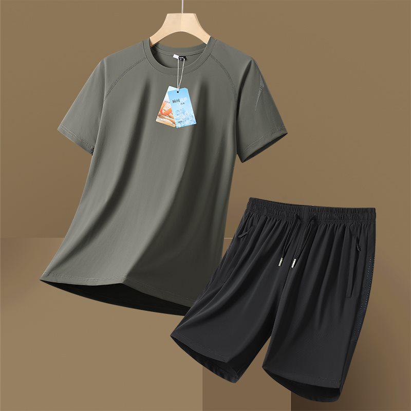 Men's Summer Ice Silk Sports Suit - Casual Two-piece Short Sleeve T-shirt & Shorts Set for All Ages.