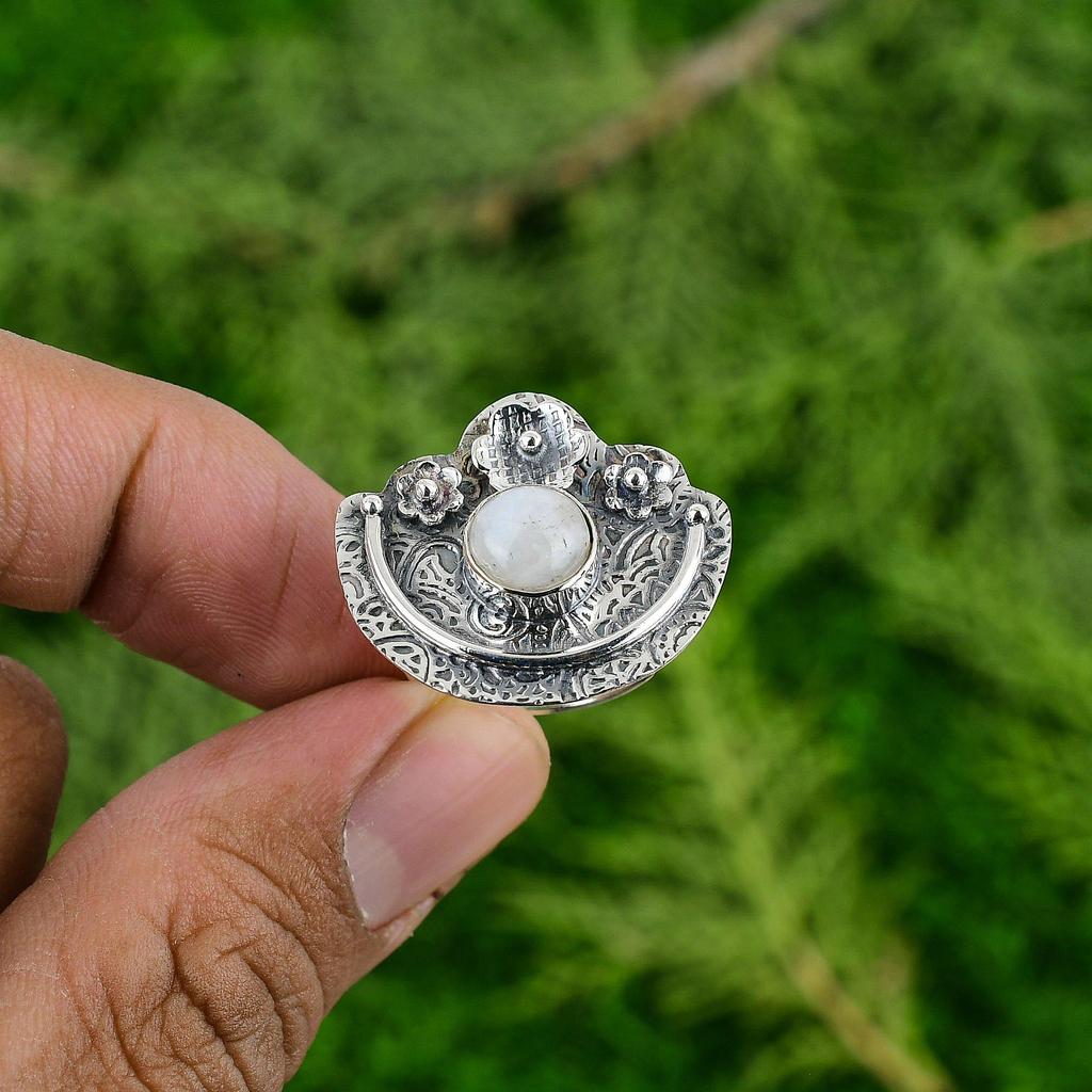 925 Silver Natural Rainbow Moonstone Solitaire Flower Adjustable Ring