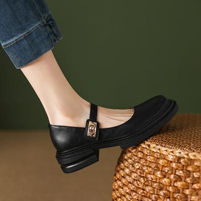 Novos sapatos femininos de primavera, mocassins casuais, bico redondo, sapatos femininos de salto grosso, fivela de cinto, salto plataforma