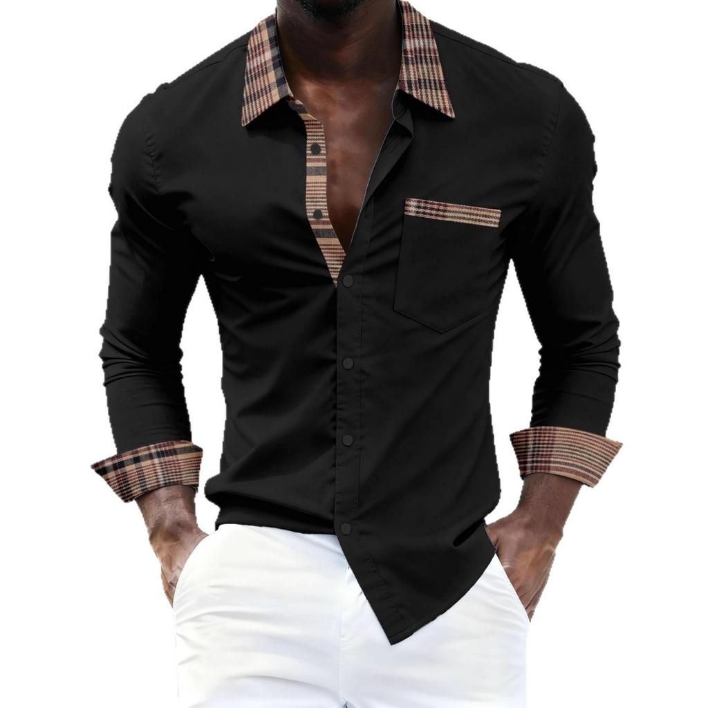 Chic long-sleeve shirt with plaid trim, versatile for daily and smart casual looks.