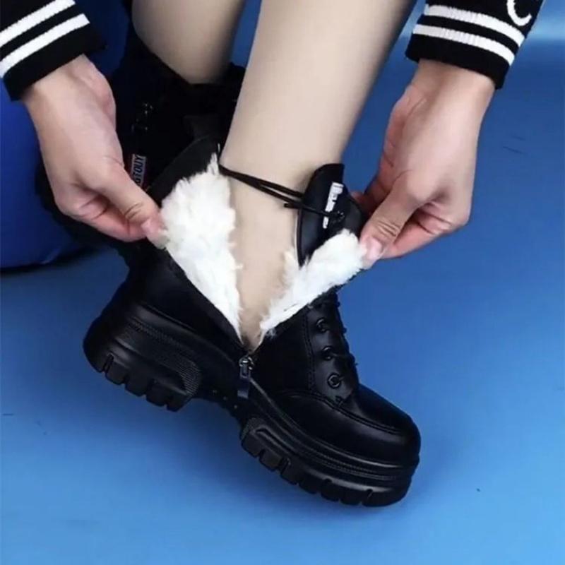 Platform Ankle Boots Women's Height Increasing Insole Real Soft Leather2025Winter Plus Velvet Cotton Shoes Snow Boots