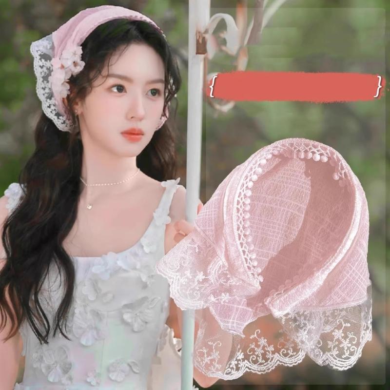 Comfortable Breathable Fabric Lace Bandana Headscarf for Women French Integrated Headwrap Pastoral Hair Decoration