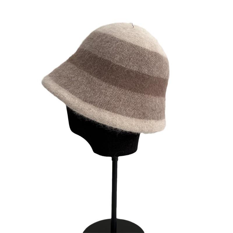 Contrasting Color Rolled Brim Wool Bucket Hat Women's Autumn and Winter Temperament Elegant Warm Basin Hat Versatile Velvet Wool Hat