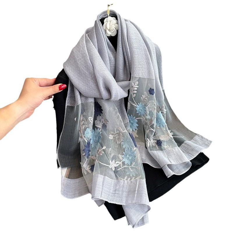 Floral Embroidery Elegant Silk Scarf Simulated Silk Soft Thin Shawl Scarf Solid Color 180*70Cm Beach Uv Protection Turban