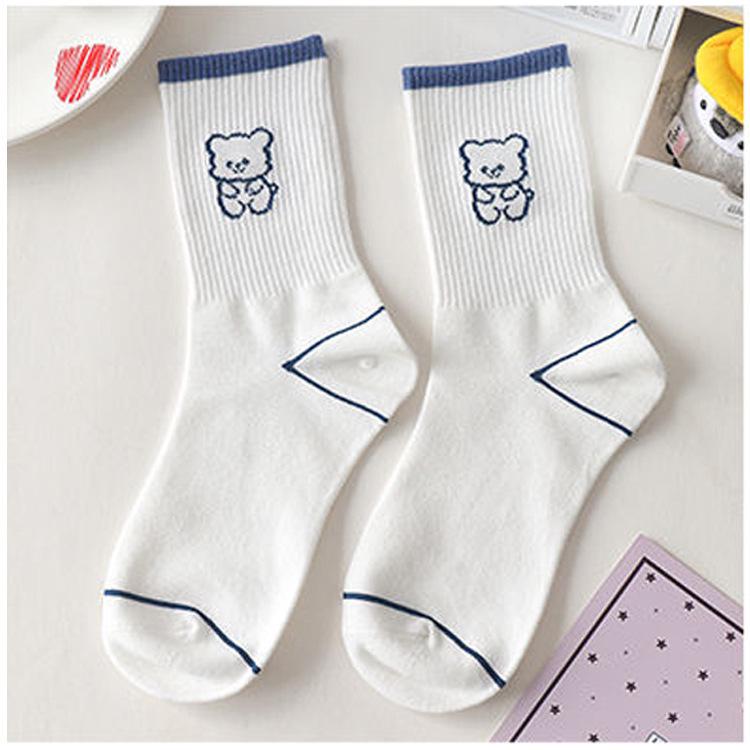 Blue Women's Mid-Calf Socks with Cute Cartoon Bear Design - Korean Style, Trendy for All Seasons