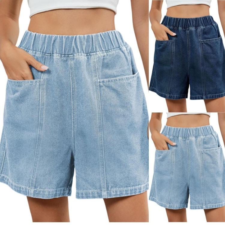 Summer Loose Fit Denim Shorts Women Casual Elastic Waist Wide Leg Jeans Short Pants Two Front Pockets